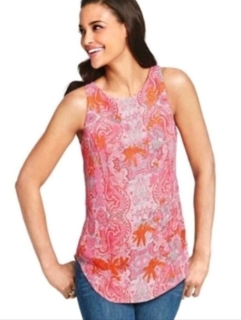 CAbi Jubilee Pink and Coral Paisley Sleeveless Top